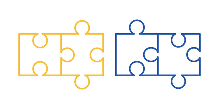 Two connected jigsaw puzzle pieces pairs in yellow and blue colors