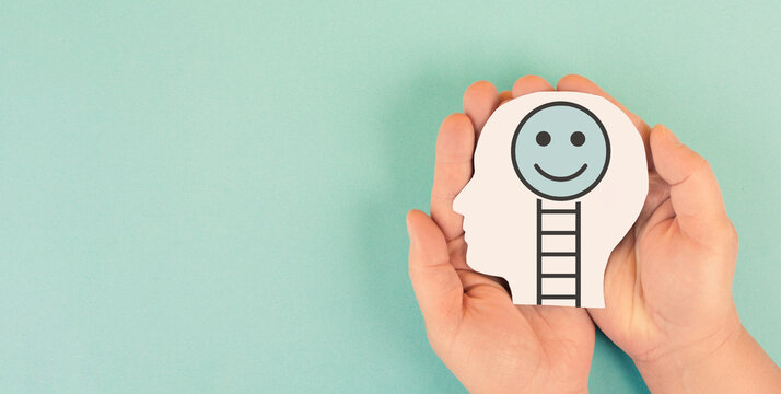 Positivity, mental health, optimism and improvement concept, mind with happy smiling face, ladder to progress, development and success, goal orientated mindset 