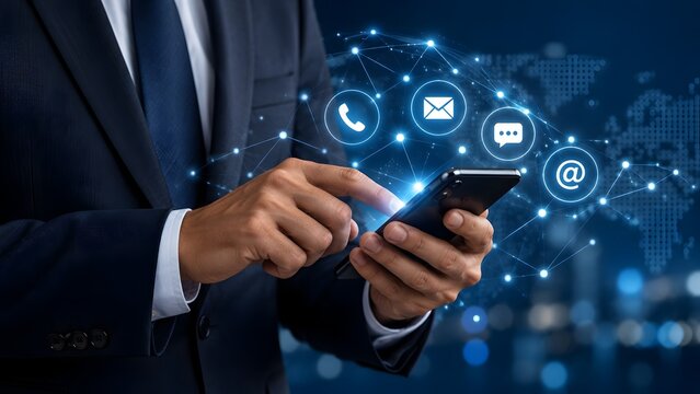 Businessman using smartphone with glowing communication icons for customer service, global network connection, and digital contact center support