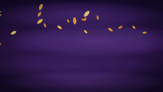 Swirling violet fog with drifting golden leaves, abstract Halloween motion background