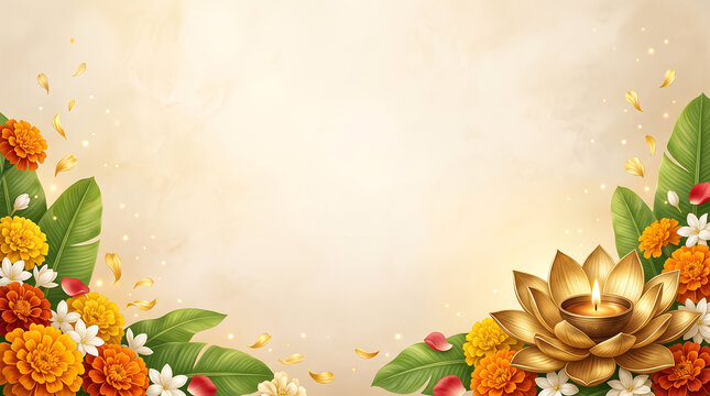 Golden lotus oil lamp with marigold flowers on a beige background