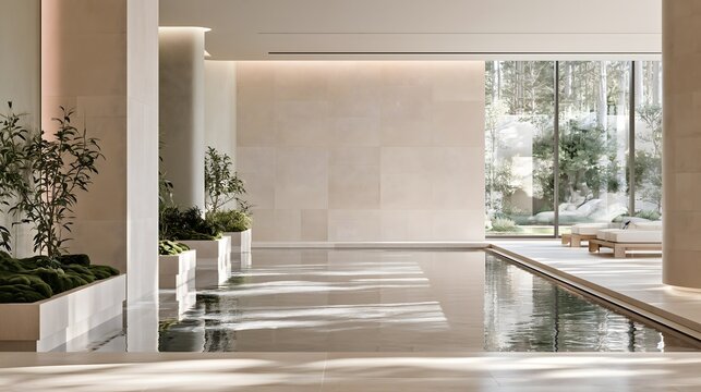 Modern architectural indoor pool with potted trees, indoor plants, beige stone walls, and gentle natural light, elegant and serene