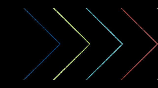 Colorful retro linear arrows with distressed texture on black background. Bold geometric motion design with vintage print and rough grain. Seamless loop. Video animation Ultra HD 4K 3840x2160