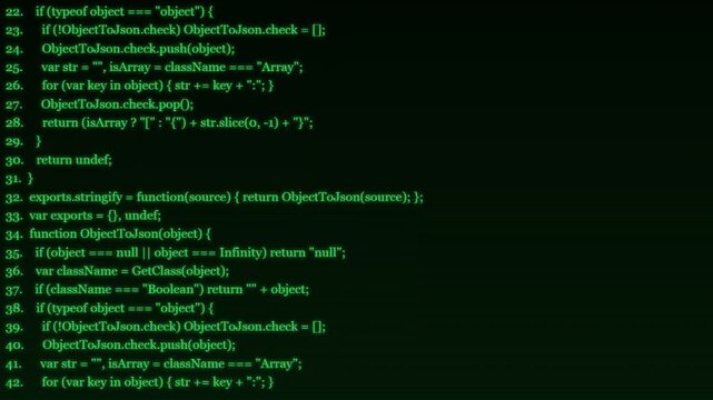 Programming code scrolling down on computer monitor screen displaying software development process and algorithms in dark room