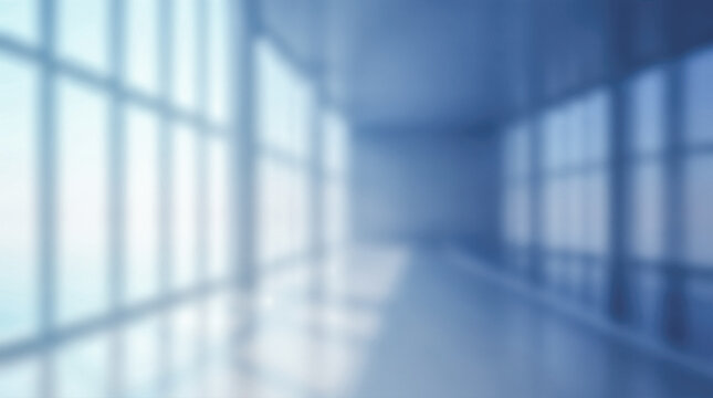 Blurred modern empty corporate office room interior large glass window reflecting soft daylight dark blue abstract background smooth dark floor