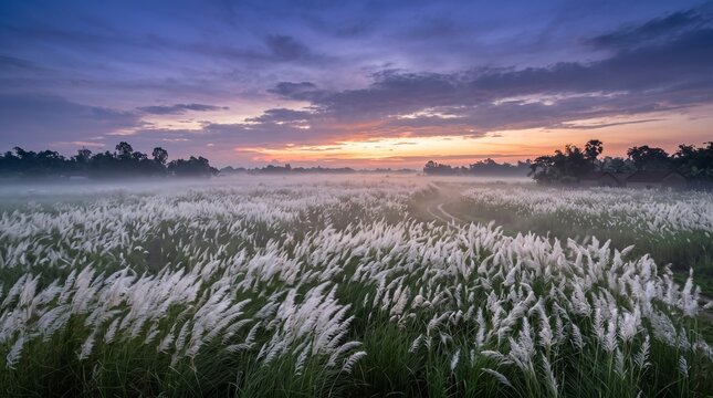White kash grass field blooming in rural landscape at autumn sunrise with misty horizon and dramatic colorful sky