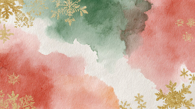 Abstract watercolor Christmas background with gold glitter snowflakes and red green washes. Elegant winter holiday background