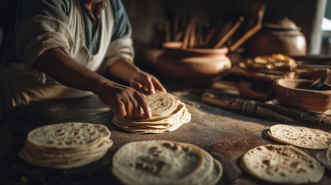 Hispanic man preparing handmade tortillas on rustic wooden table in traditional kitchen. Artisanal flatbread making showcases culinary heritage and authentic cooking techniques in warm ambient light.