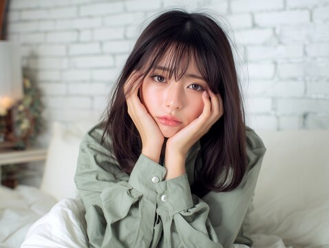 白い寝具の上で頬に手を当てて考え込む室内の女性が見せる静かな感情と日常シーン