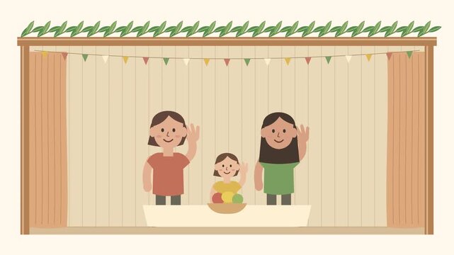 Animated illustration of family in sukkah celebrating Sukkot holiday