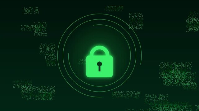 Glowing green padlock symbol surrounded by digital circles and abstract binary code patterns representing cybersecurity protection