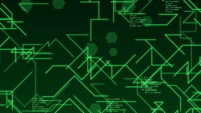 Green digital code lines glowing brightly while streaming across dark computer monitor background inside modern cyber space