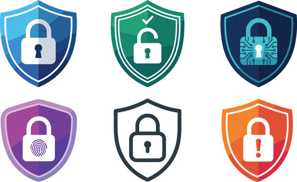 Set of colorful cybersecurity protection shield icons featuring locked padlocks, biometric fingerprint, circuit board patterns, and warning symbols