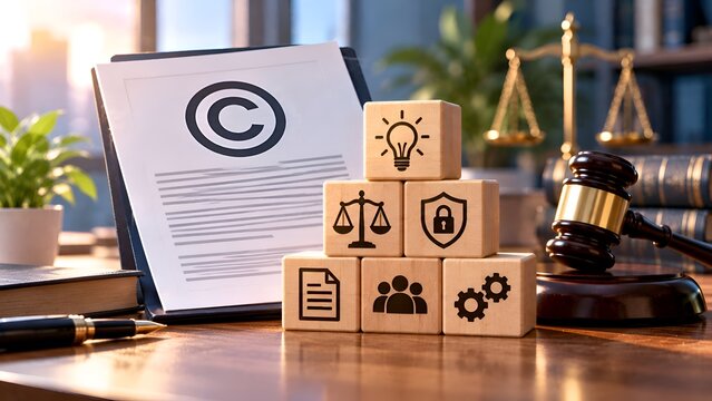 Intellectual property law and legal protection concept with wooden blocks showing icons of justice, ideas, and security on a professional desk with a judge gavel and legal documents.