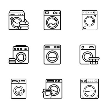 Laundry service, washing machine, laundry basket and clothes drying line vector icons set