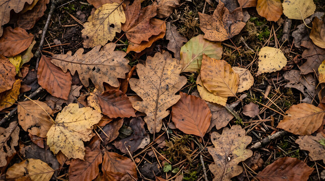 Fallen autumn leaves on woodland floor, vibrant seasonal foliage texture for nature background and seasonal forest photography