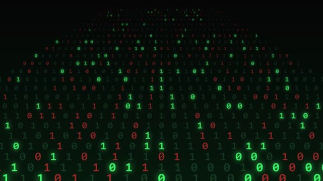 Glowing binary code data streams scrolling down on dark digital screen interface background