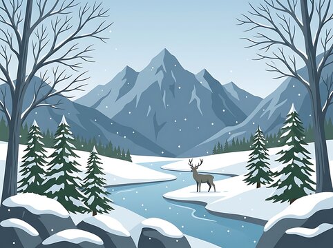 Winter mountain vector landscape with a standing deer and canal
