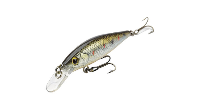 Realistic plastic fishing lure wobbler with sharp metal hooks isolated on white background