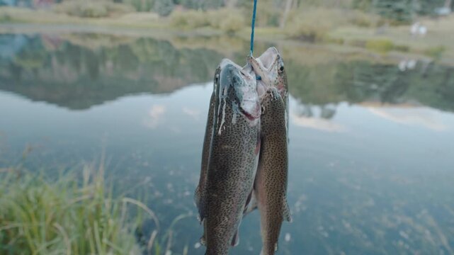 Stringer of caught rainbow trout spinning by pond close up