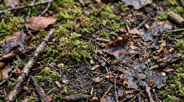 Forest floor texture with moss and fallen leaves in a temperate woodland environment, high detail nature background
