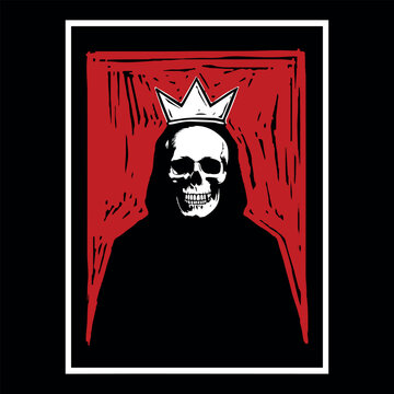 Grim Reaper Skeleton King with Crown Linocut Vector Art. Crowned Skull Reaper Monarch Vintage Woodcut Graphic Illustration. Gothic Crowned Skull Skeleton Hooded Figure Linocut Art. 