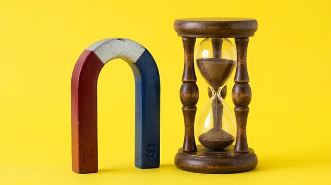 Classic red and blue horseshoe magnet standing beside vintage wooden hourglass sand timer on bright yellow background representing financial attraction time urgency investment deadlines management