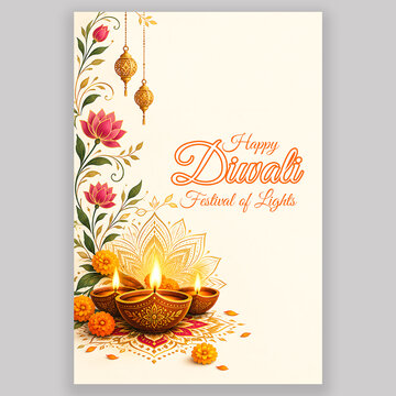 Diwali Poster Template with Lotus Floral Vine Glowing Clay Diyas and Golden Mandala on Elegant Off White