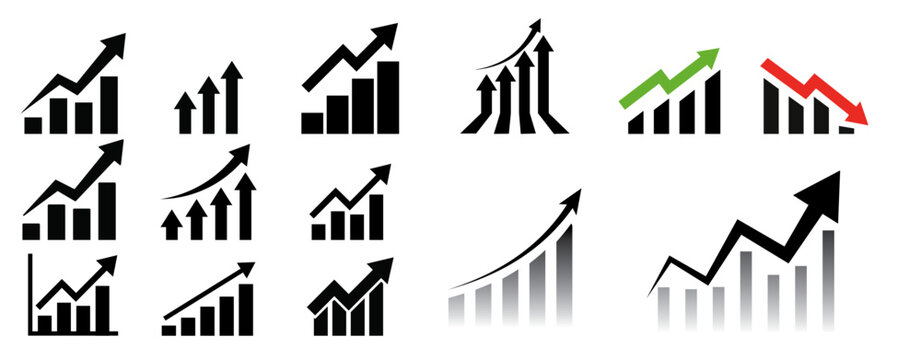 Financial growth bar chart icon set. Business success graph with arrow up and down vectors, stock market progress symbols