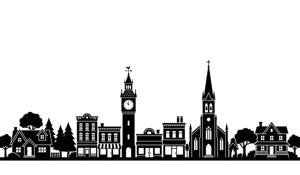Small Town Skyline Silhouette with Houses and Clock Tower Vector