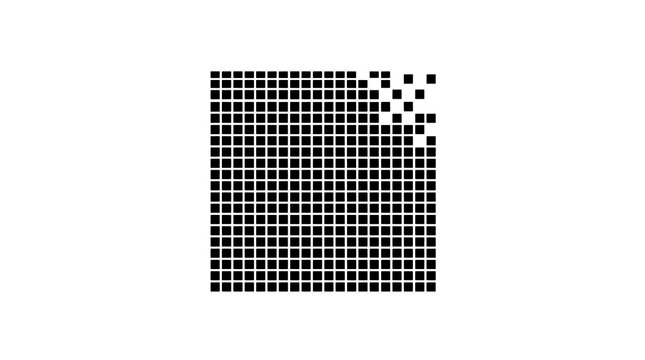 Black square pixel matrix pattern with dissolving corner fragment layout
