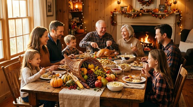 Happy multi-generational family enjoying Thanksgiving dinner together