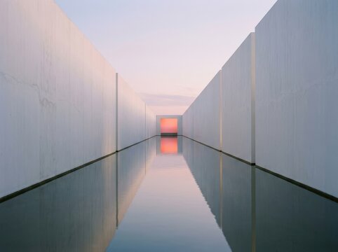 Reflective corridor at sunset with mirrored water