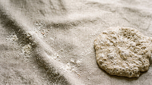 Active Sourdough Levain on Flour Dusted Linen with Copy Space