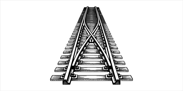 Black and white ink sketch illustration of a railway track junction showing a train switch leading into the distance with perspective lines and detail