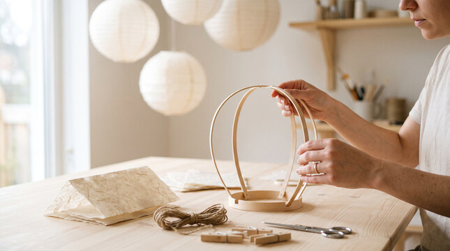 Woman crafting homemade paper lantern decor at a bright workspace  