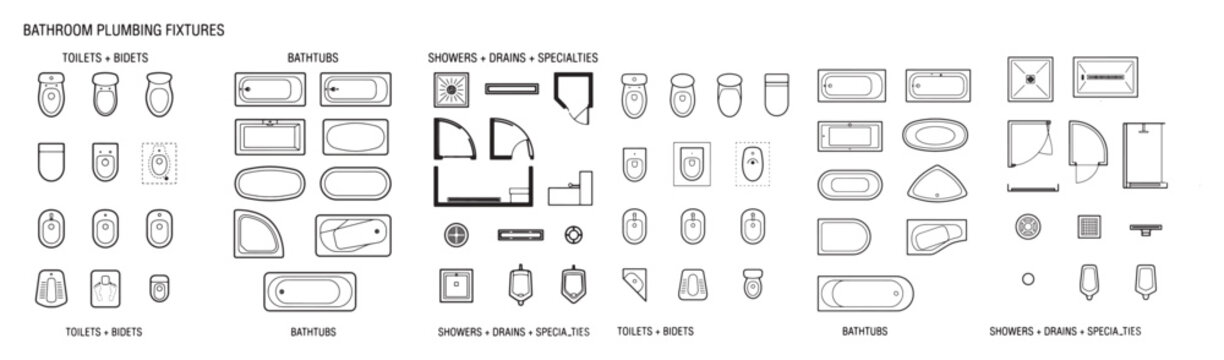 Sanitary bathroom plumbing fixtures CAD floor plan symbols set with toilets bathtubs shower cabins and linear drains line art vector