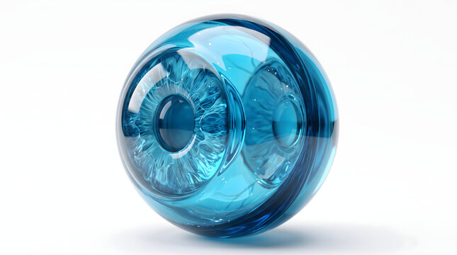 Captivating abstract blue transparent sphere with a detailed human eye iris design. This futuristic and high-tech illustration symbolizes advanced vision, digital security, medical innovation, and...