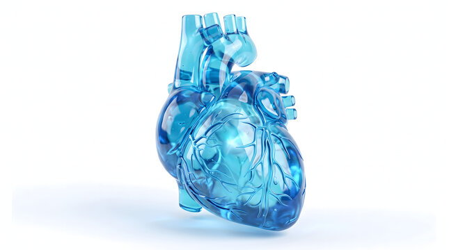 Detailed 3D render illustration of a translucent blue human heart, isolated on a clean white background. This anatomical model represents medical science, healthcare, and cardiology concepts, ideal...