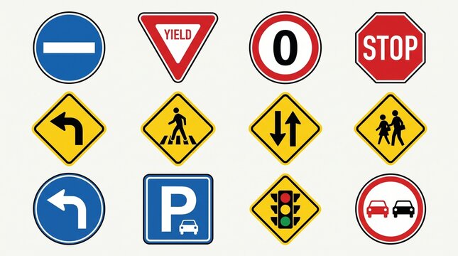 Traffic road sign icon collection featuring regulatory, warning, directional, pedestrian, parking, and vehicle control symbols, colorful vector illustrations, transportation safety.