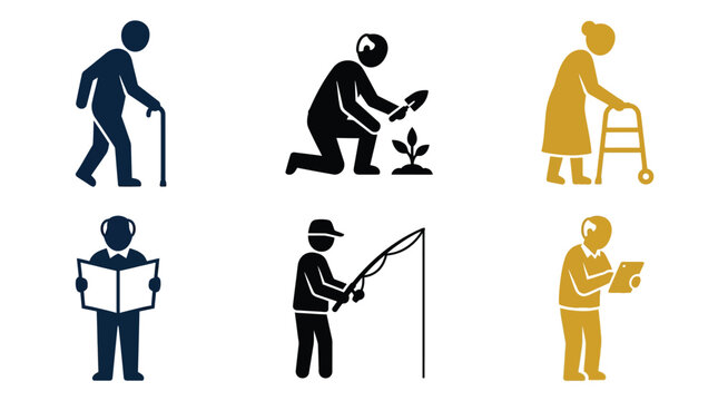 Elderly people icons set vector illustration with seniors daily activities