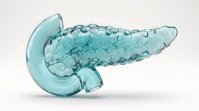 A detailed 3D rendering of the human pancreas, depicted in transparent blue glass. This medical illustration showcases the intricate internal structure and ducts of the vital organ, making it ideal...