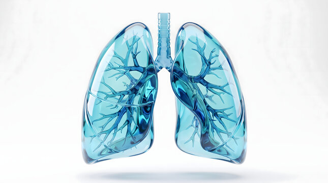 Stunning 3D render of human lungs crafted from transparent blue glass, set against a pristine white background. This medical illustration symbolizes a healthy respiratory system, vital anatomy, and...