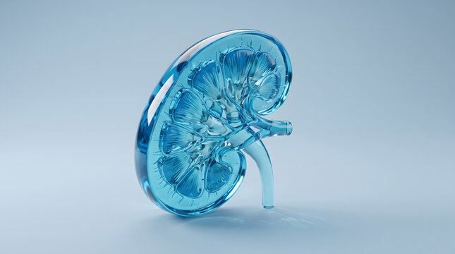 A detailed 3D rendering of a transparent blue human kidney cross-section, highlighting its intricate internal structure. This medical illustration is ideal for educational content, scientific resea...
