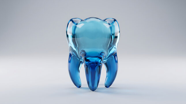 A striking transparent blue glass molar tooth, symbolizing advanced dental care and oral health. This clean, modern illustration represents hygiene, strength, and the future of dentistry, perfect f...