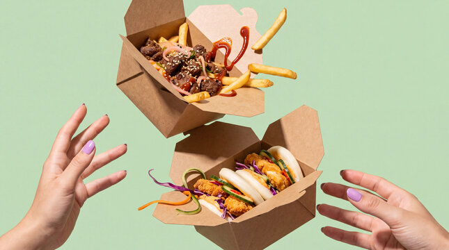 Creative commercial food photograph of two open takeaway boxes with cheesy Korean BBQ beef fries and crispy chicken bao buns, playfully floating between feminine hands with scattered ingredients on a 