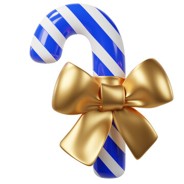 3D Cartoon Blue and White Striped Candy Cane with Gold Bow isolated on background. Festive icon perfect for Christmas, gifts, and promotions.
