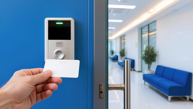 Hand presenting a blank access card to an electronic security reader beside an open glass office door for secure workplace entry and controlled access