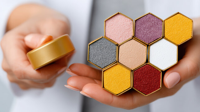 Close-up hands holding a gold cosmetic container beside a colorful honeycomb makeup palette with hexagonal pans, highlighting beauty products and cosmetics