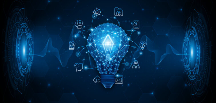 An innovative and creative light bulb concept incorporating advanced smart digital technology. A futuristic light bulb with integrated circuits and data connectivity for business applications.